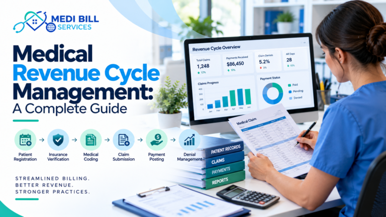 Medical revenue cycle management dashboard showing patient registration, insurance verification, medical coding, claim submission and payment tracking.